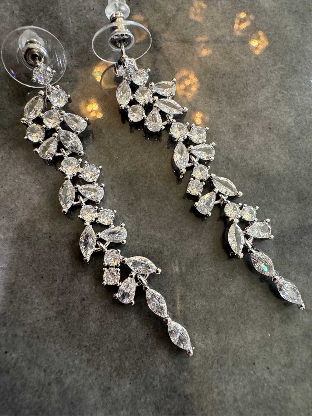 Crystal CZ Leaf Drop Earrings - Silver Tone 2.5” drop dangle - Picture 3 of 5